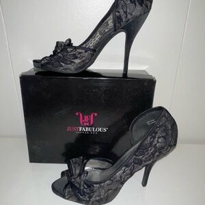 JustFab Black Lace Peep Toe Pump Women’s Heels With Bows 5 inch